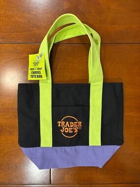 Trader Joe's Black Canvas Tote Bag with Lime‎ Handles and Purple Base